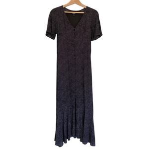 Express V-Neck Front Button Midi‎ Dress Black White Spot Romantic Flutter Sleeve